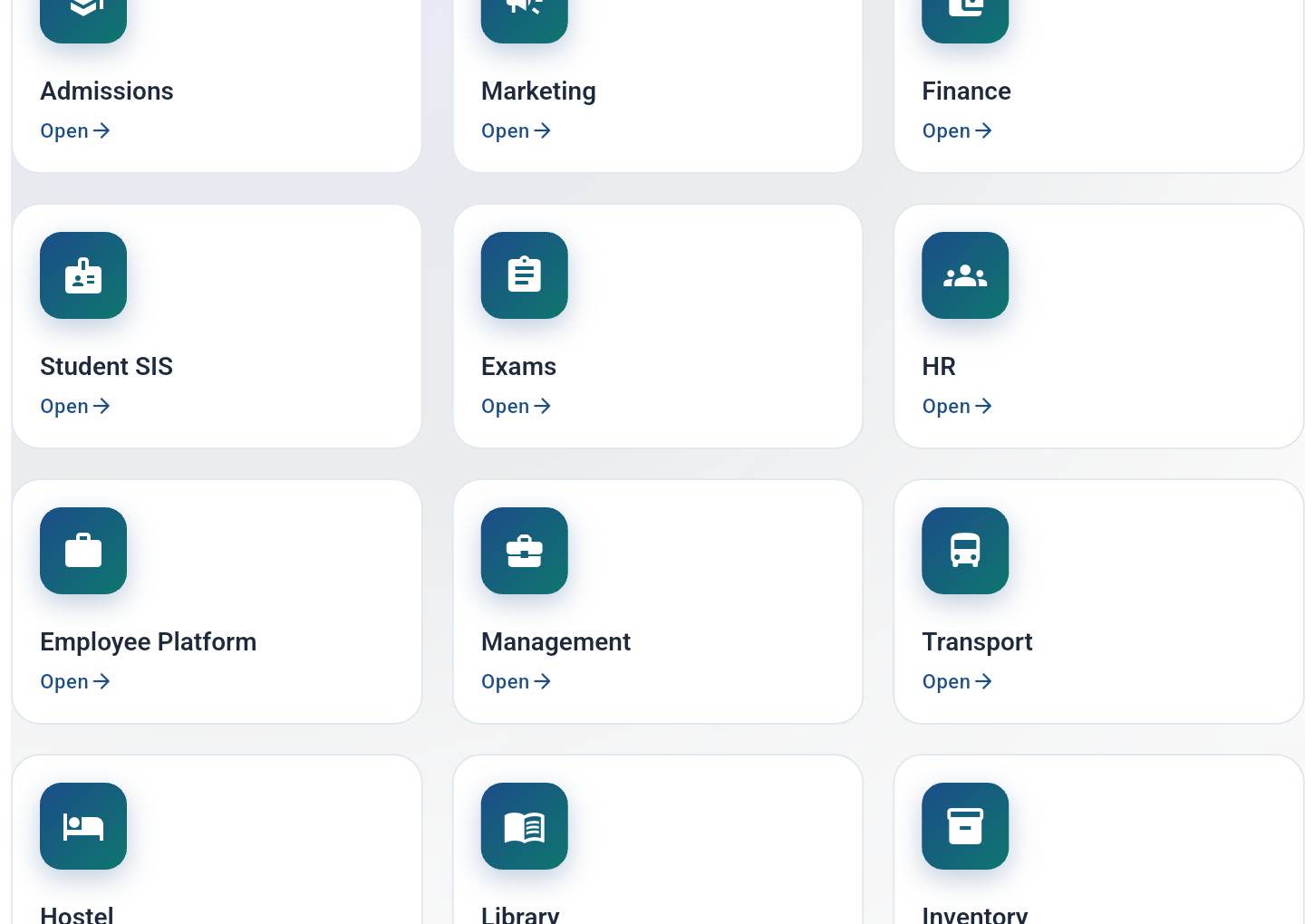 Module grid: Admissions, Finance, Exams, HR and more