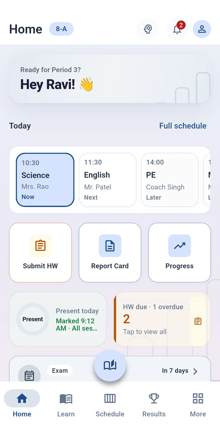 Student home with today's timetable